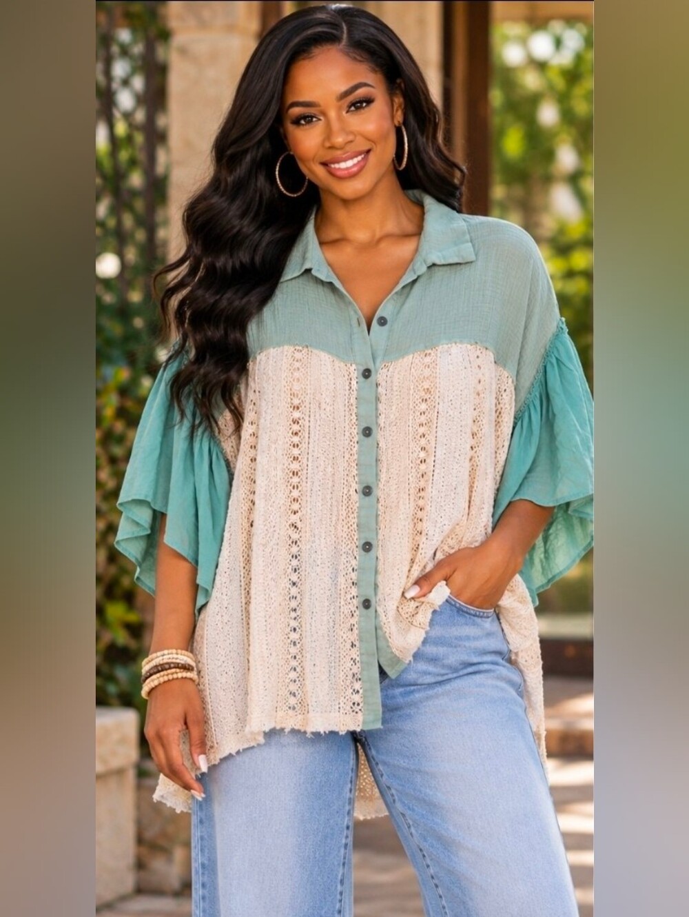 NEW!! POL Relaxed Button-Front Crochet Panel Top in Sage and Cream, Sz Large